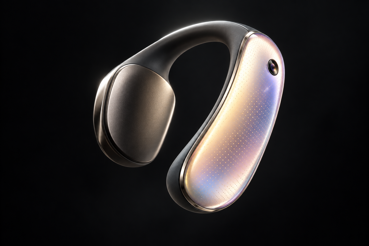 Lumos concept earwear with an iridescent face and flexible arc